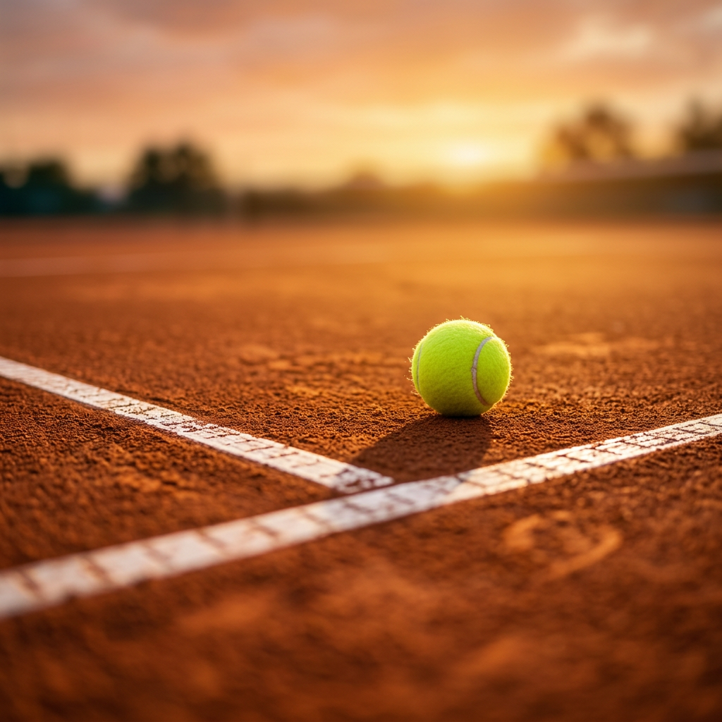 Two female tennis players on a clay court at sunset, one player jumping to hit the ball over the net while the other prepares to receive.